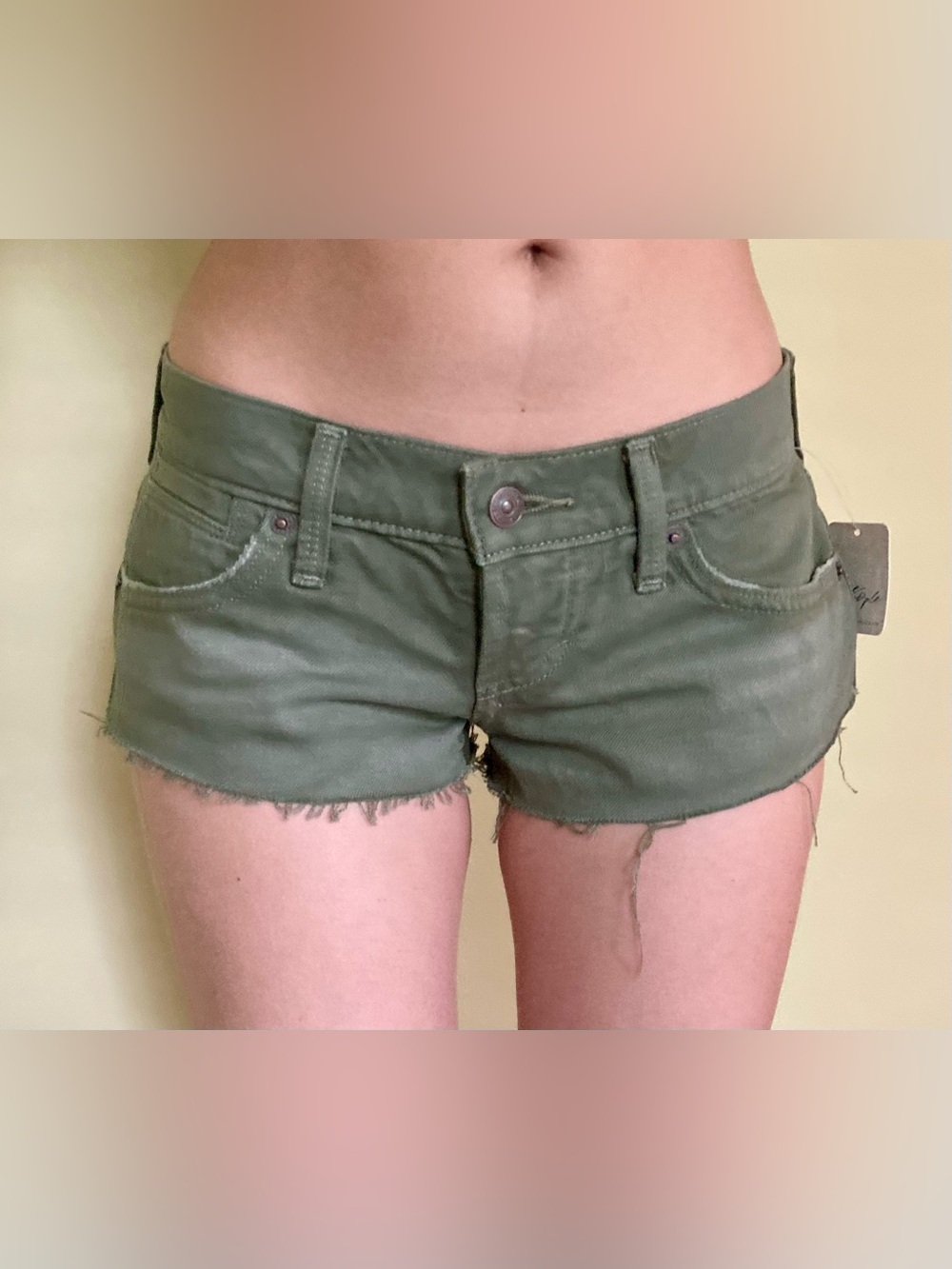 NEW We The Free Hit The Road Micro Mini Denim Cutoff Shorts Olive Camo Green 24